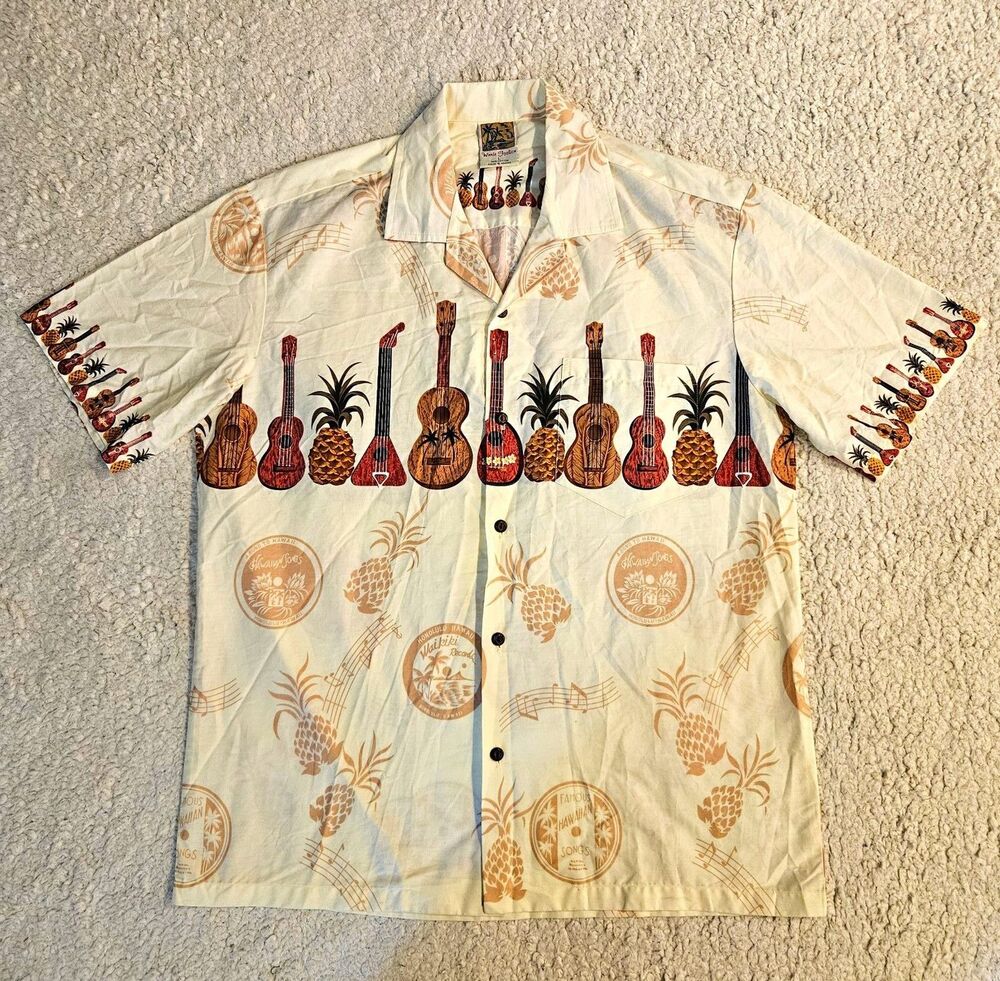 Winnie Fashion Shirt Hawaiian Made Aloha Mens L Ukulele Pineapple Cream SS USA